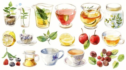 Tea ingredients. White background. Watercolor illustrations
