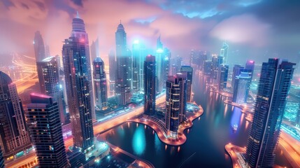 Obraz premium Smart city innovation hub, with tech startups and research facilities working on cutting-edge solutions for urban challenges