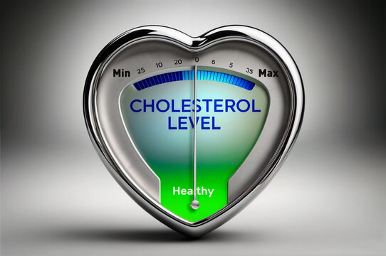 3d render illustration of a heart-shaped cholesterol level indicator, showing normal value and healthy status