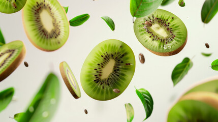 kiwi with half slices falling or floating in the air