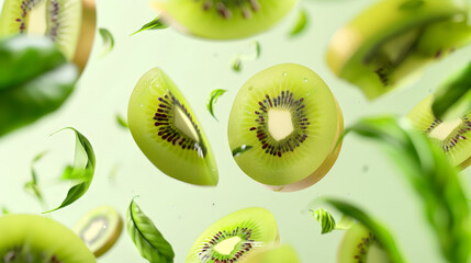 kiwi with half slices falling or floating in the air