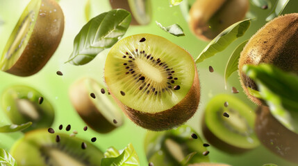 kiwi with half slices falling or floating in the air