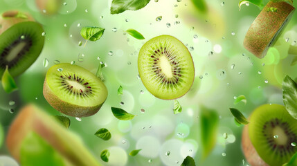 kiwi with half slices falling or floating in the air