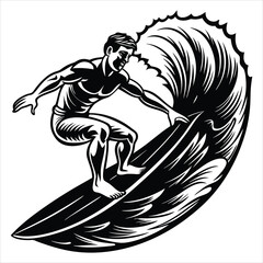 Surfer riding wave silhouette vector iillustration on white background 