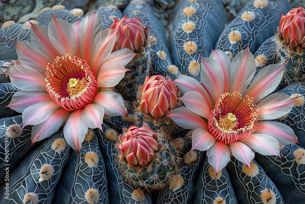 Poster close-up of beautiful cactus flowers in full bloom with intricate patterns, showcasing the vibrant c