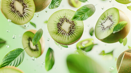 kiwi with half slices falling or floating in the air