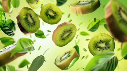 Fototapeta premium kiwi with half slices falling or floating in the air