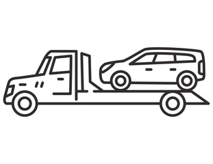 Tow truck icon.Towing truck van with car.City road assistance service evacuator.Car towing truck.Towing truck delivers the broken car. Outline vector illustration.Isolated on white background.