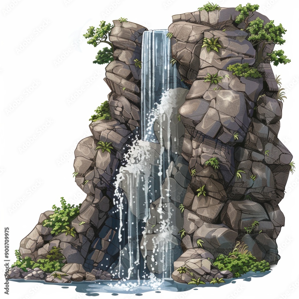 Sticker Illustration of a Tranquil Waterfall Amidst Rocks