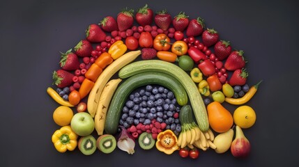 Assortment of fresh fruits and vegetables arranged in a rainbow pattern
