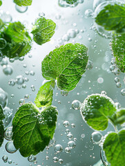 Mint leaves in water, a close-up of mint leaves against a white background