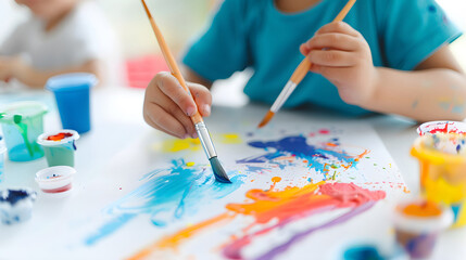 Naklejka premium Children Engaged in Colorful and Creative Paint Project at Table During Daytime