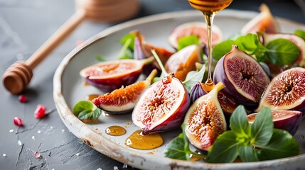 An elegant dessert platter with figs, dates, and a drizzle of honey