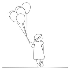 one continuous single drawn line art doodle balloon, vector, girl, happy, isolated. Isolated hand-drawn outline image on white background.