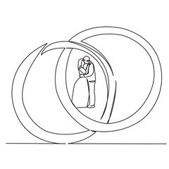 one continuous single drawn line art doodle of a newlywed, ring, love, wedding, couple isolated hand-drawn outline image on a white background