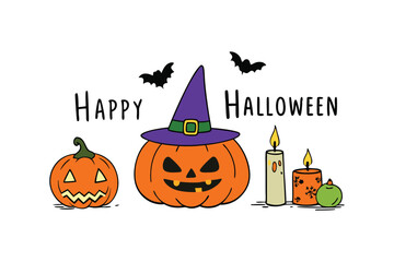 Witch Hat Pumpkin Cat Candle Happy Halloween Vector Illustration.