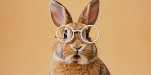 a cute brown rabbit wearing white round glasses with an extreme surprised expression