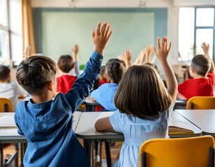 Firefly Classroom with Children Raising Hands- A lively classroom scene with children raising their  (3)