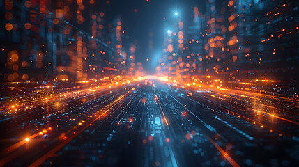 Fototapeta premium Abstract view of a high-speed digital data stream flowing through a futuristic cityscape, illuminated by neon lights and advanced technology