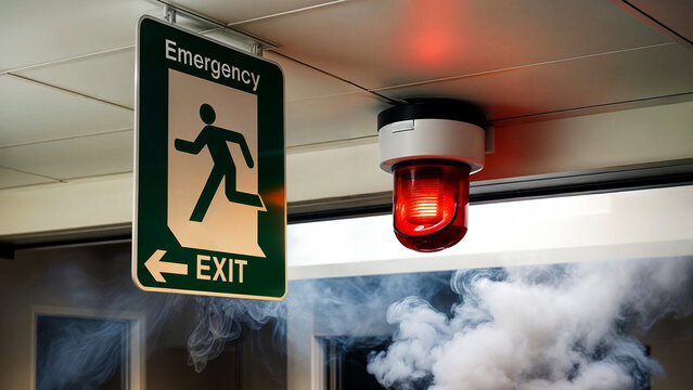 A smoke alarm in a building, with a green sign indicating an emergency exit
