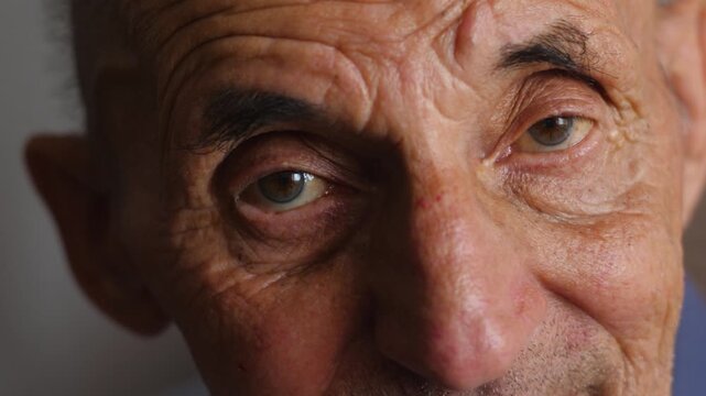 portrait of cheerful Caucasian elderly man 70-79 years old looking at camera, close-up eyes kind pensioner with wrinkles