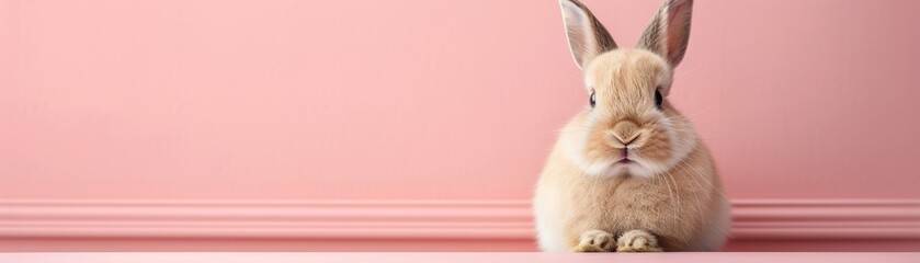 Obraz premium A cute rabbit sitting calmly against a soft pink background. Ideal for animal lovers and nature enthusiasts.