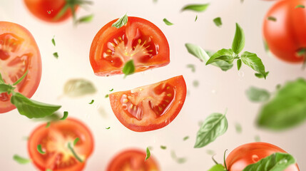 tomato with half slices falling or floating