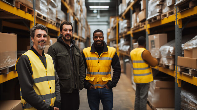 warehouse workers, men, standing in warehouse aisle wearing safety vests, blue collar workers, copy space