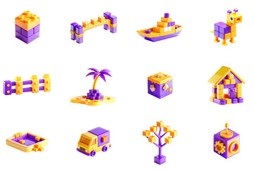 Sandbox games concept of 3D icons set in modern web design. Pack isolated objects of constructor cubes in bridge, ship, dinosaur, fence, palm tree island, house, pool models and other illustrations.