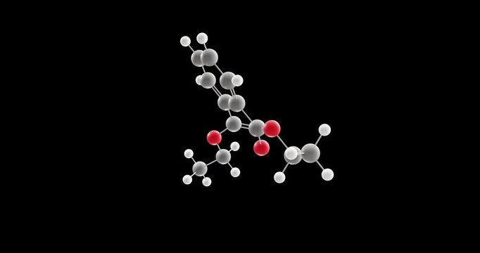 Diethyl phthalate molecule, rotating 3D model of phthalate ester, looped video on a black background