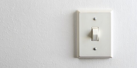 Old fashioned white light switch mounted on a clean white wall providing ample copy space for text or design overlay, isolated on a bright background.