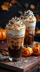Festive Halloween Pumpkin Spice Drinks with Cream and Chocolate Toppings