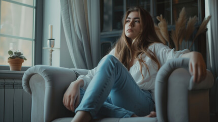 Obraz premium A woman of youthful beauty sits in a luxurious gray armchair in the spacious living space of her home. 
