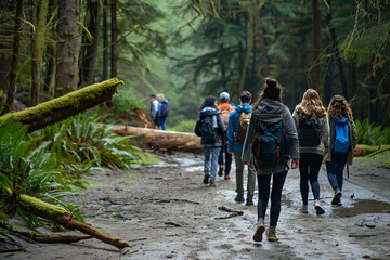 An individual or group walking through a forest