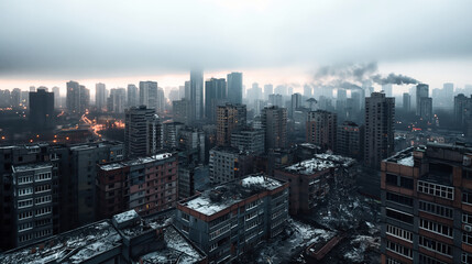 Fototapeta premium Cityscape with foggy, overcast sky, high-rise buildings, smoke, and visible damage suggesting destruction or industrial activity.