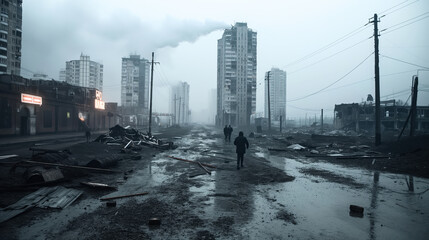 Dystopian urban landscape with dilapidated buildings, foggy atmosphere, and scattered debris. Individuals walking through abandoned, muddy streets.