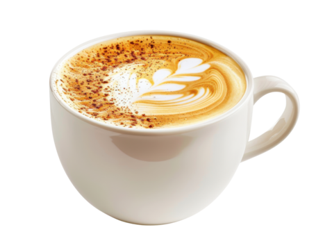 Cup of creamy cappuccino with latte art and a sprinkle of cinnamon, isolated on a white background cut out transparent isolated PNG