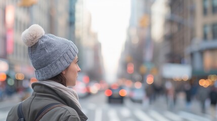A woman stands on a busy street, wearing a cozy hat, as traffic flows around her in a vibrant city setting.