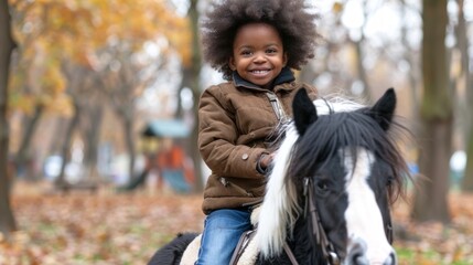Fototapeta premium African American girl riding a horse outdoors in sunlight Concept of equestrian activities childhood joy outdoor adventure, kid and little pony