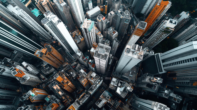 Aerial view of densely packed high-rise buildings in an urban cityscape, showcasing diverse architectural styles and heights.