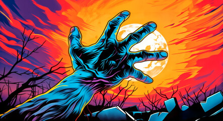 Fototapeta premium Halloween illustration. A hand zombie is reaching out towards a moon in the sky out towards the moon, set against a backdrop of a sunset with orange and blue hues