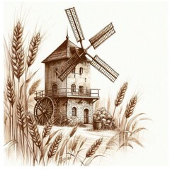 Hand drawing, line art, vintage line drawing, mill, farm, engraving, house, barn, valley, fields, field, meadow, pasture with cows