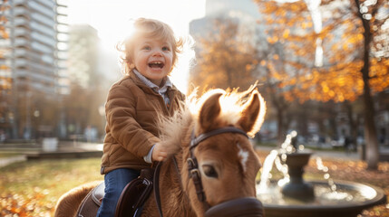 Fototapeta premium Caucasian boy riding a pony in a city park during autumn. Concept of childhood joy, outdoor activity, urban nature, fall season, kid and little horse