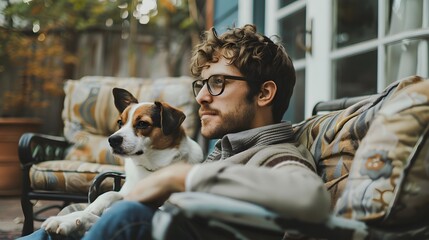 Owner with his jack rassel terrier sitting on terrace at home. Little dog and male dog sitter spending time together outdoor. House sitting and pet care service. Man and puppy cozy warm portrait