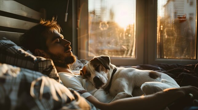 Man owner with his jack rassel terrier having nap in bed at home. Little dog sleeping on breast of male dog sitter. House sitting and pet care service. Young guy spending time together with puppy