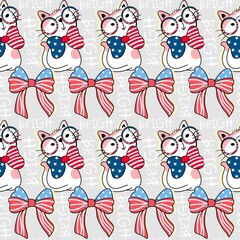Cartoon leaf cute cat wearing glasses bow tie stars blue red stripes bright modern cute beautiful hand drawn structure farm seam sketch enlarged image decorative items clothing