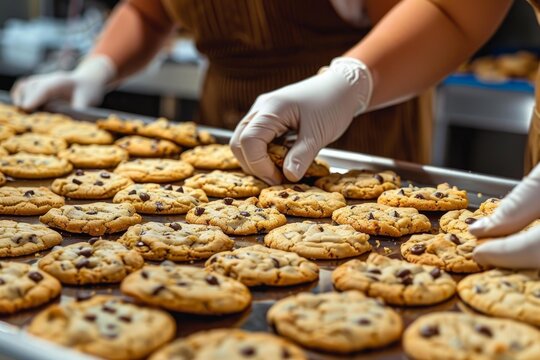 Hands in gloves arranging chocolate chip cookies on a baking tray