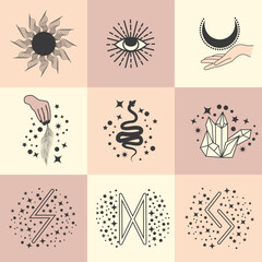 Set of magic symbols, celestial seamless pattern. Astrological, magical and esoteric symbols.
