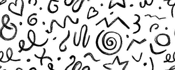 Seamless pattern charcoal graffiti doodle punk and  shapes. Hand drawn abstract scribbles and squiggles,  various shapes, pencil drawn icons. Scribbles, scrawls, stars, heart, curly lines.
