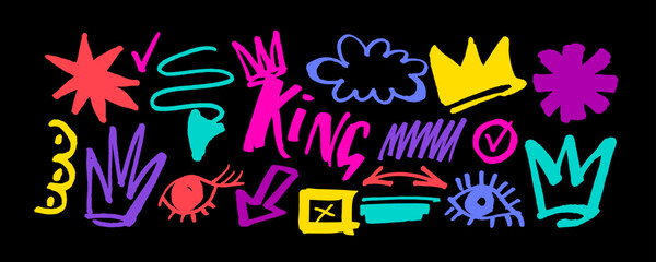 Collection of hand drawn colorful charcoal doodle shapes and squiggles in childish girly style. Pencil drawings isolated on black. Crown, stars, flower, heart and grid doodle collage elements.